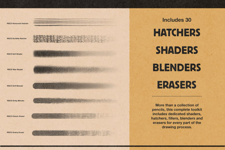 Samples of the 30 hatcher, shader, blender, and eraser brushes included in the Studio Pencils Affinity brush set