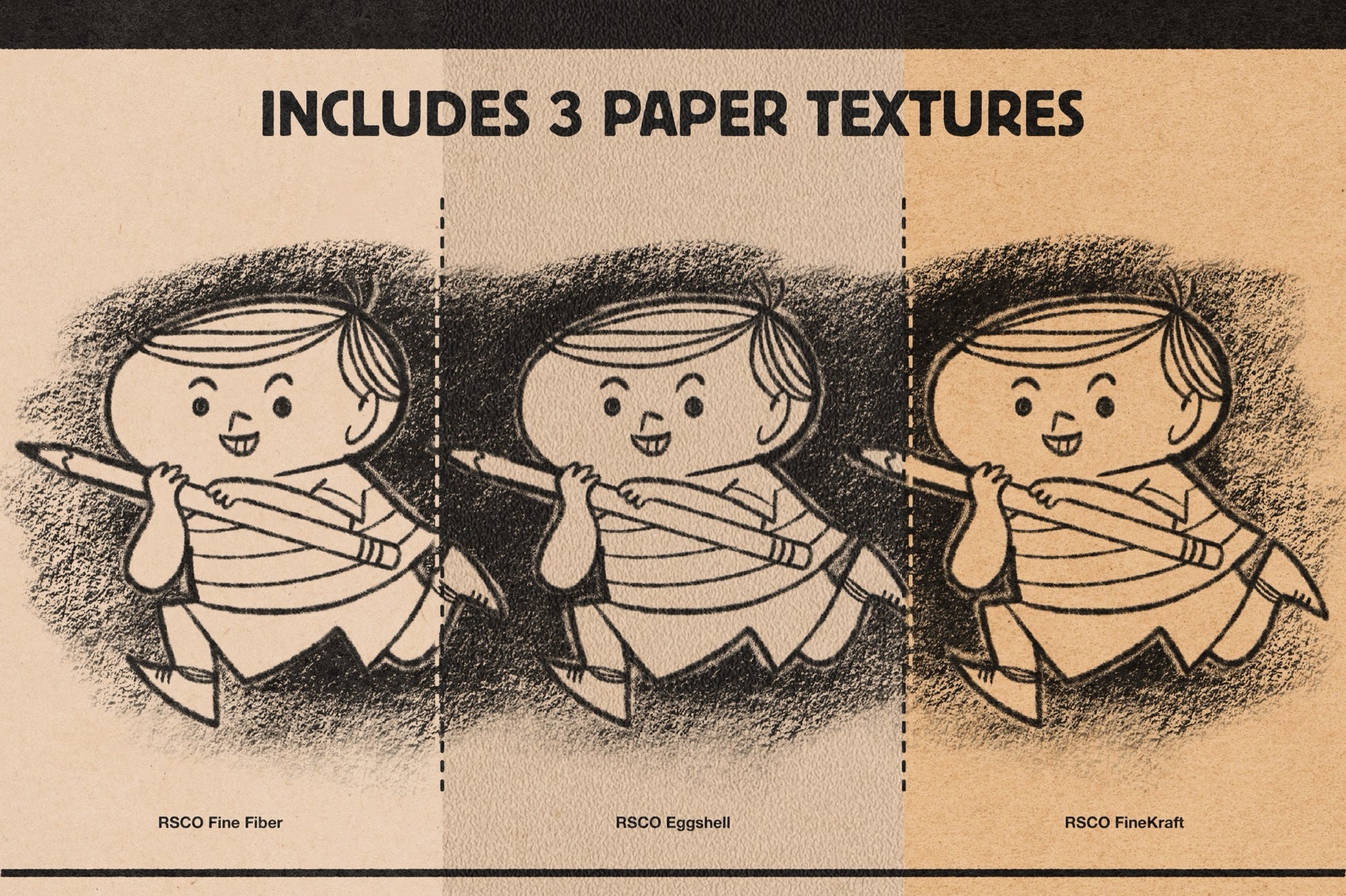 Pencil drawing shown on the 3 included paper textures for Affinity: Fine Fiber, Eggshell, and FineKraft
