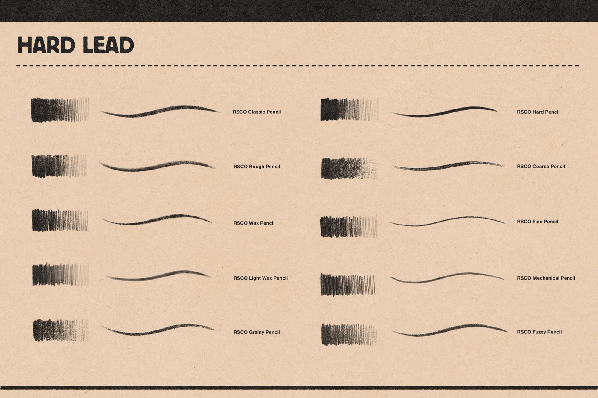Stroke chart of the 10 hard lead Affinity pencil brushes included in Studio Pencils