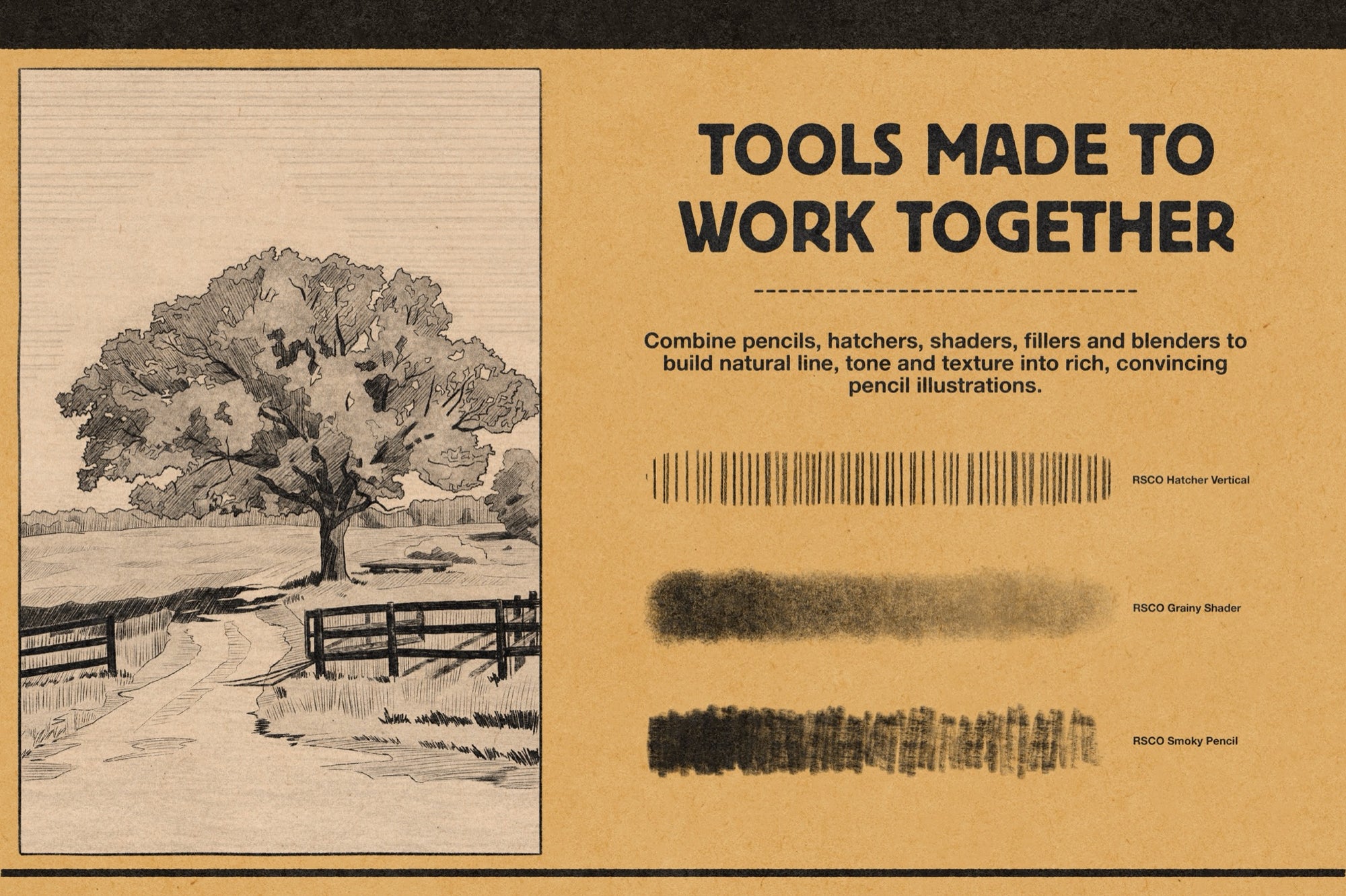 Pencil illustration of a tree combining pencils, hatchers, shaders, fillers, and blenders from Studio Pencils for Affinity