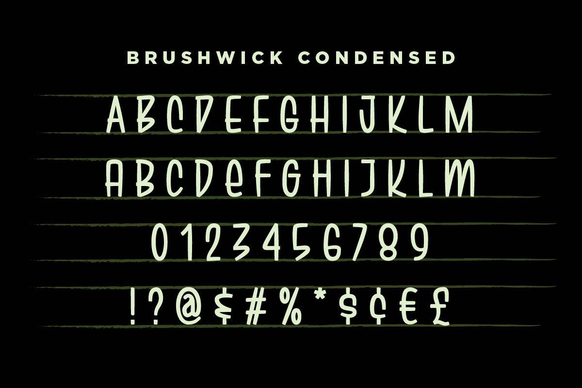 Brushwick Condensed full character set with uppercase, lowercase, numerals, and punctuation