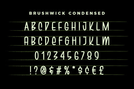 Brushwick Condensed full character set with uppercase, lowercase, numerals, and punctuation