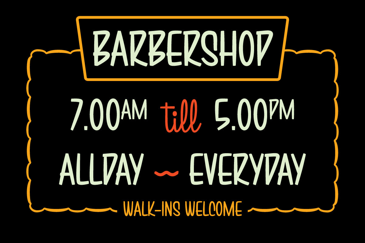 Barbershop hours sign set in Brushwick signpainter font