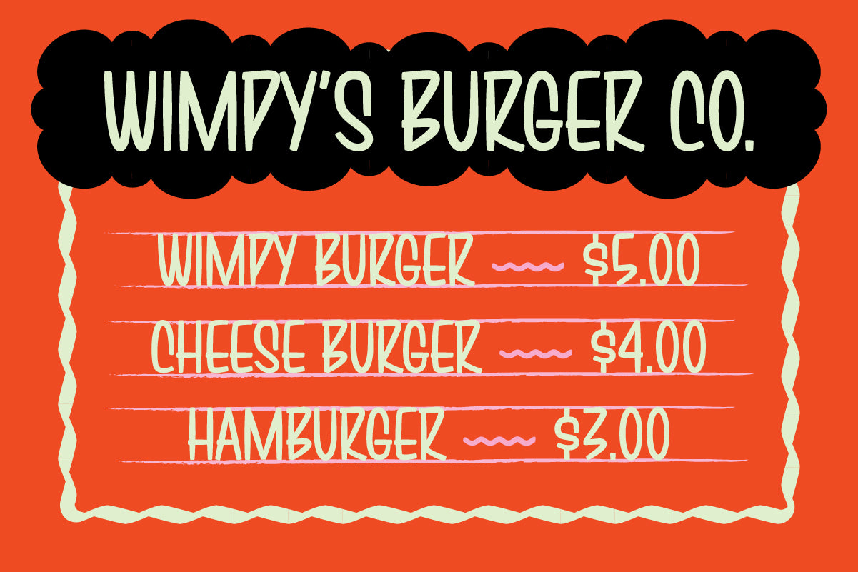 Wimpy's Burger Co. hand-painted menu board in Brushwick condensed font