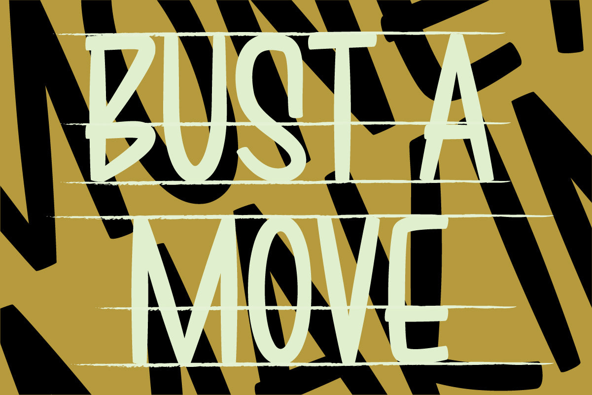 Bust a Move brush lettering in Brushwick vintage sign painting font, cream on gold