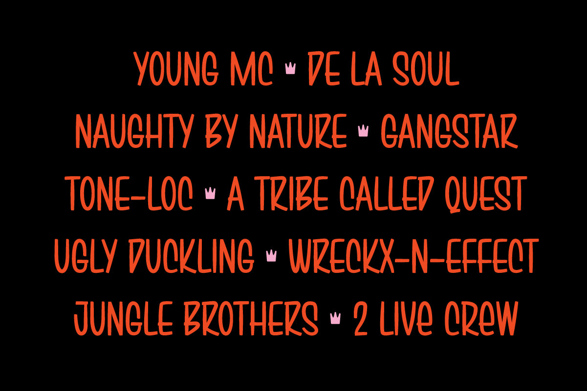 Classic hip-hop artist names set in Brushwick condensed script, red on black