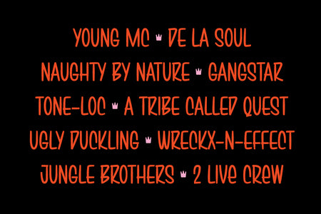 Classic hip-hop artist names set in Brushwick condensed script, red on black