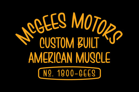 McGees Motors custom American muscle badge in Brushwick vintage signpainter font