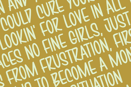 Repeating song-lyric texture set in Brushwick condensed script, cream on gold
