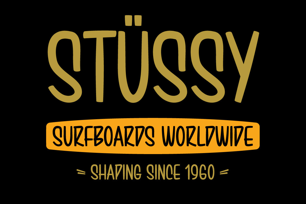 Stüssy Surfboards Worldwide lettering in Brushwick signpainter font, gold on black