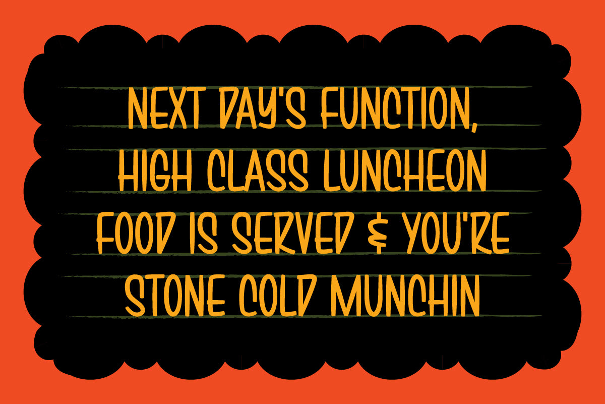 Hand-painted style menu lettering set in Brushwick condensed script, orange and yellow on black