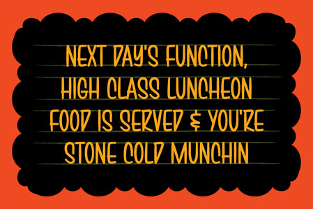 Hand-painted style menu lettering set in Brushwick condensed script, orange and yellow on black