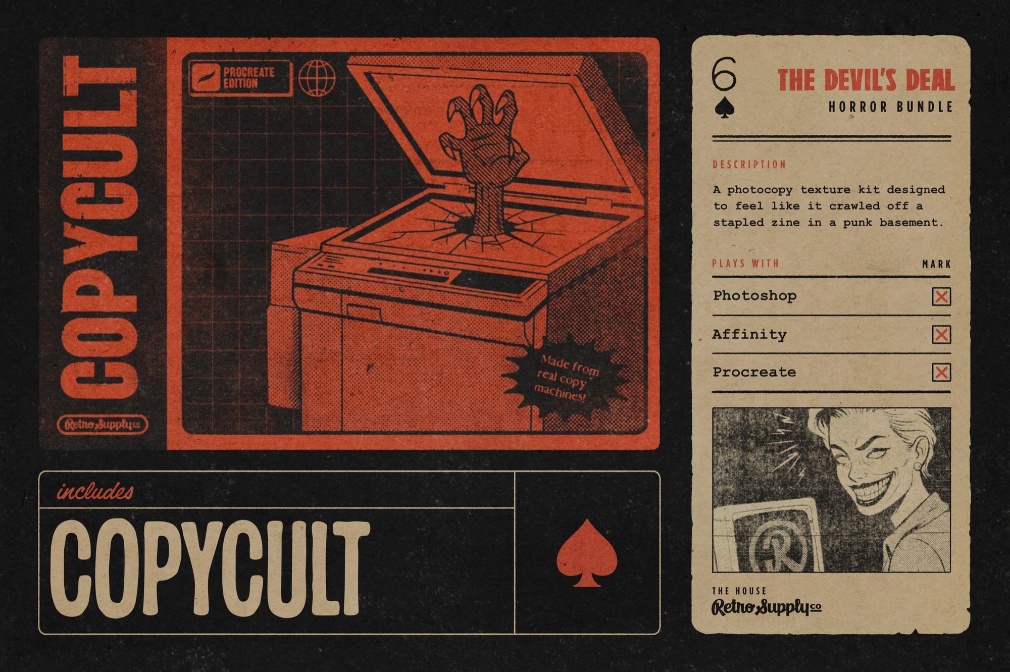CopyCult photocopy texture kit included in The Devil's Deal, shown with a monster hand bursting out of a copy machine