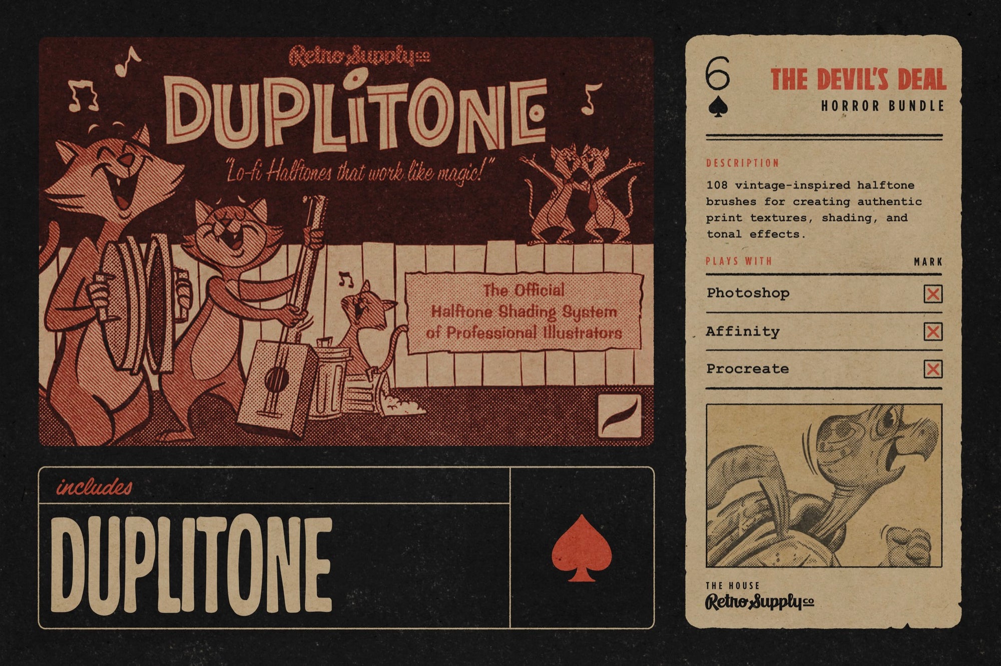 DupliTone halftone shading brushes included in The Devil's Deal, 108 vintage halftone brushes for Procreate, Photoshop and Affinity
