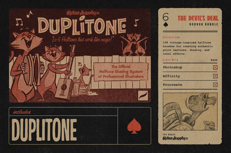 DupliTone halftone shading brushes included in The Devil's Deal, 108 vintage halftone brushes for Procreate, Photoshop and Affinity