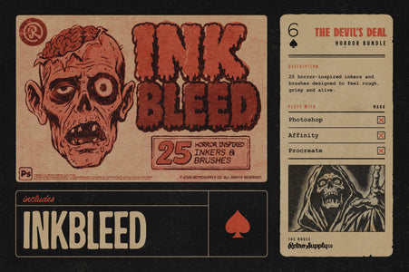 Ink Bleed horror inking brushes included in The Devil's Deal, 25 inkers and brushes for Procreate, Photoshop and Affinity, shown with a zombie head illustration