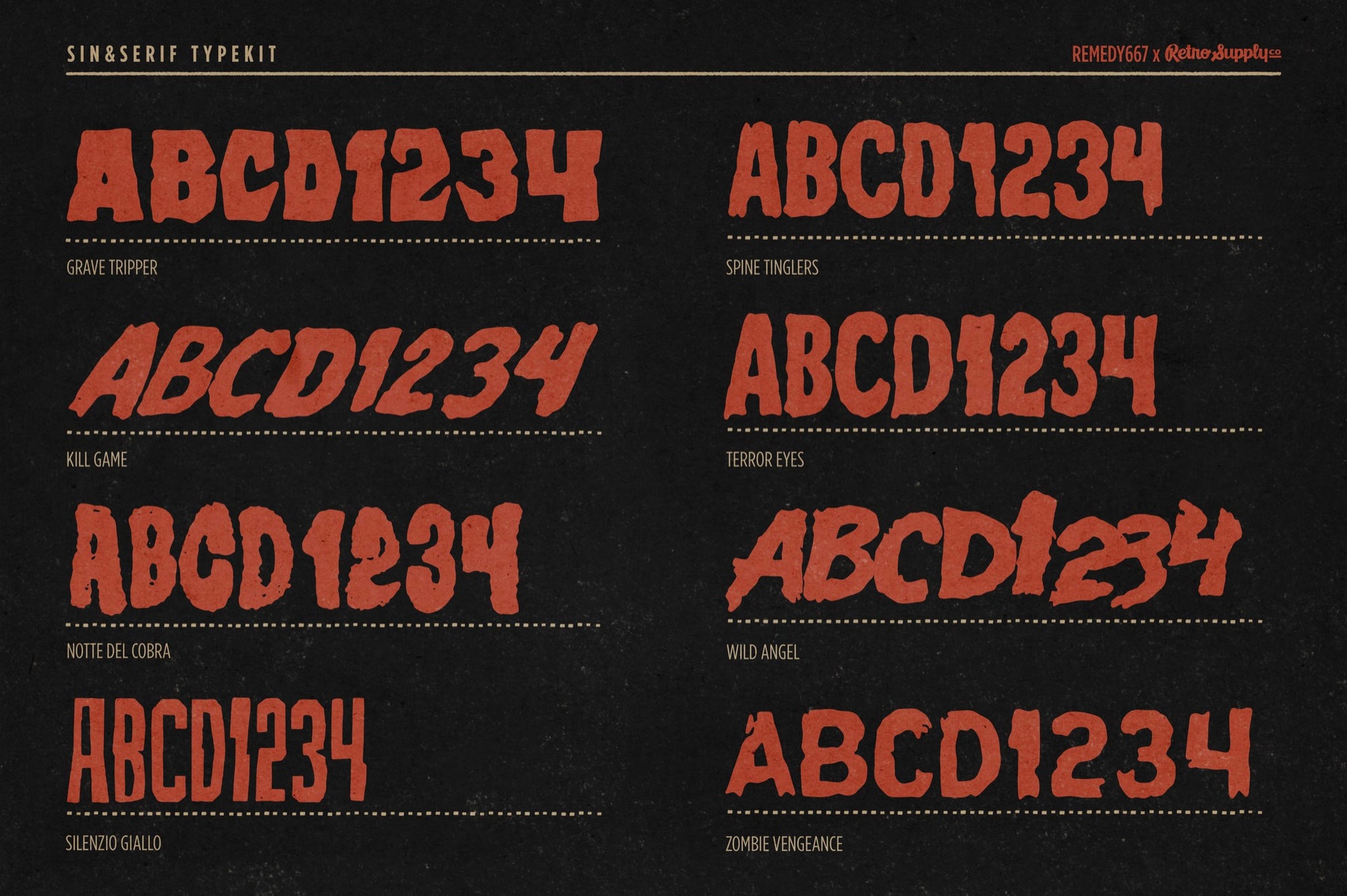Sin & Serif Typekit horror font specimen from The Devil's Deal: Grave Tripper, Kill Game, Notte Del Cobra, Silenzio Giallo, Spine Tinglers, Terror Eyes, Wild Angel and Zombie Vengeance by Remedy667