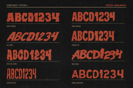 Sin & Serif Typekit horror font specimen from The Devil's Deal: Grave Tripper, Kill Game, Notte Del Cobra, Silenzio Giallo, Spine Tinglers, Terror Eyes, Wild Angel and Zombie Vengeance by Remedy667