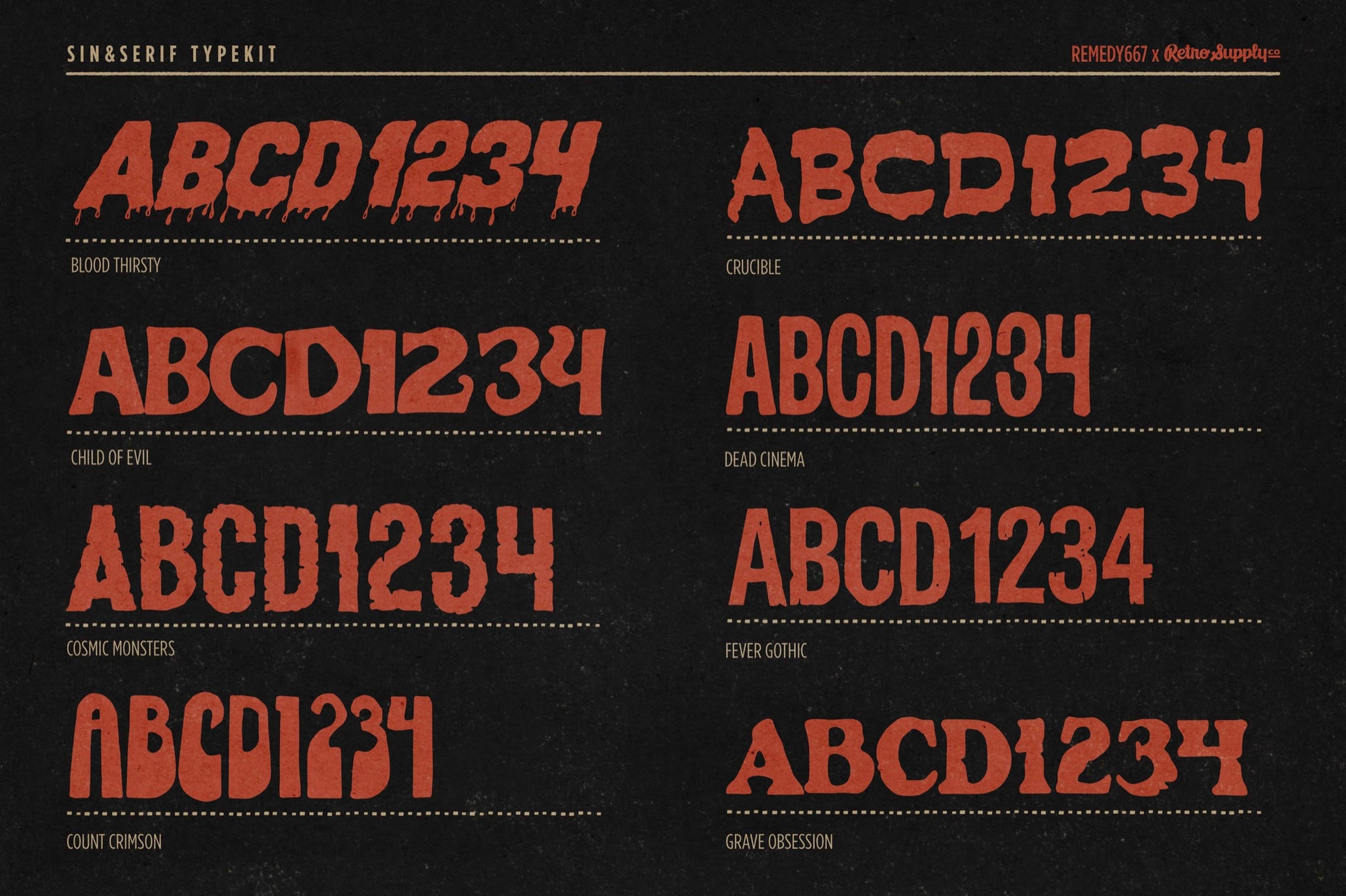 Sin & Serif Typekit horror font specimen from The Devil's Deal: Blood Thirsty, Child of Evil, Cosmic Monsters, Count Crimson, Crucible, Dead Cinema, Fever Gothic and Grave Obsession by Remedy667