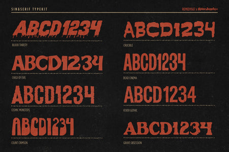 Sin & Serif Typekit horror font specimen from The Devil's Deal: Blood Thirsty, Child of Evil, Cosmic Monsters, Count Crimson, Crucible, Dead Cinema, Fever Gothic and Grave Obsession by Remedy667
