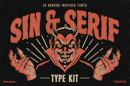 Sin & Serif Type Kit cover, the Remedy667 horror font collection inside The Devil's Deal, with a grinning vintage devil illustration