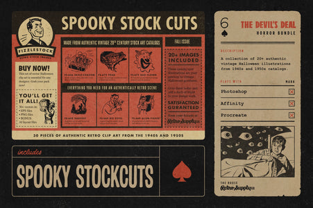 Spooky Stock Cuts by FizzleStock included in The Devil's Deal, authentic vintage Halloween clip art from 1940s and 1950s stock art catalogs