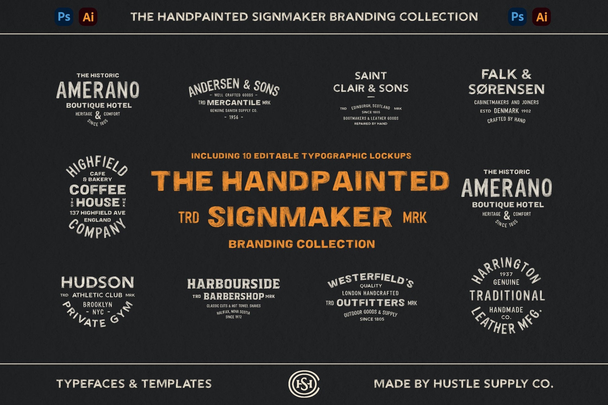 Overview of all hand painted signmaker branding logo templates included in the collection