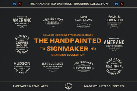 Overview of all hand painted signmaker branding logo templates included in the collection