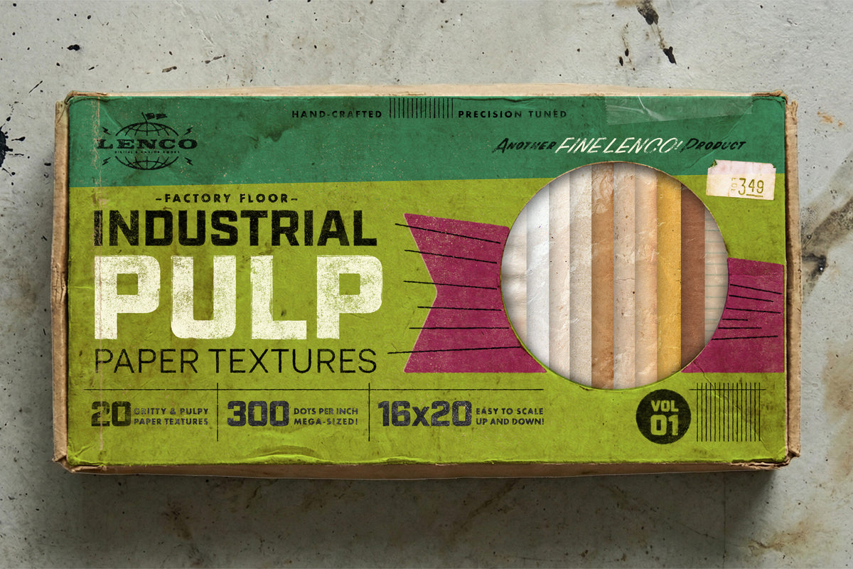 LENCO Industrial Pulp Paper Textures Vol. 1 box with 20 vintage industrial paper textures for Photoshop