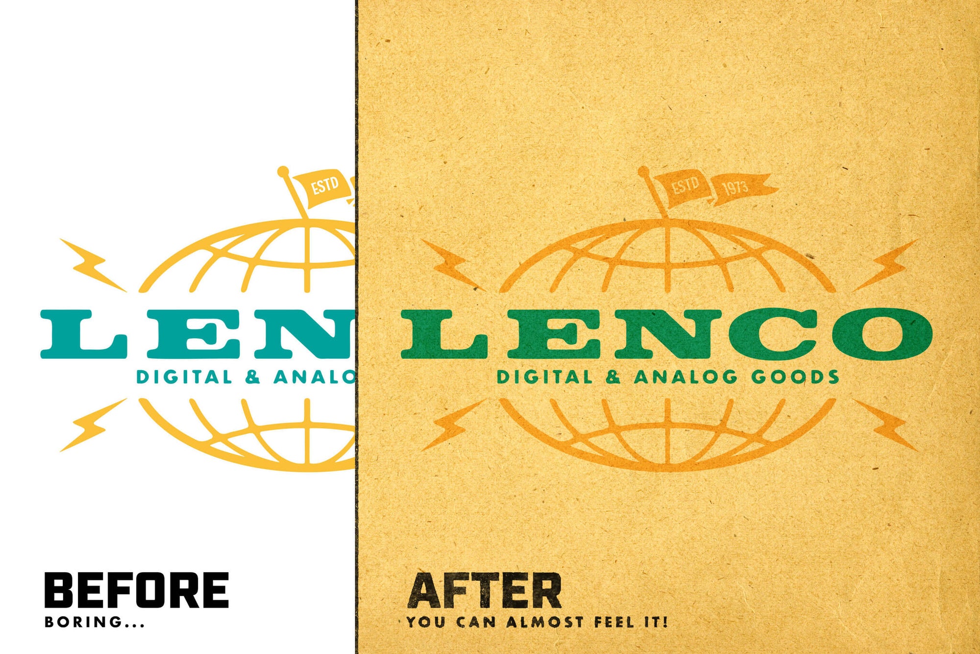 Before and after of a logo with old paper texture and natural ink bleed applied in Photoshop