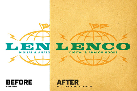 Before and after of a logo with old paper texture and natural ink bleed applied in Photoshop