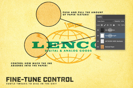 Photoshop smart layer sliders adjusting ink absorption and texture strength on a vintage paper texture