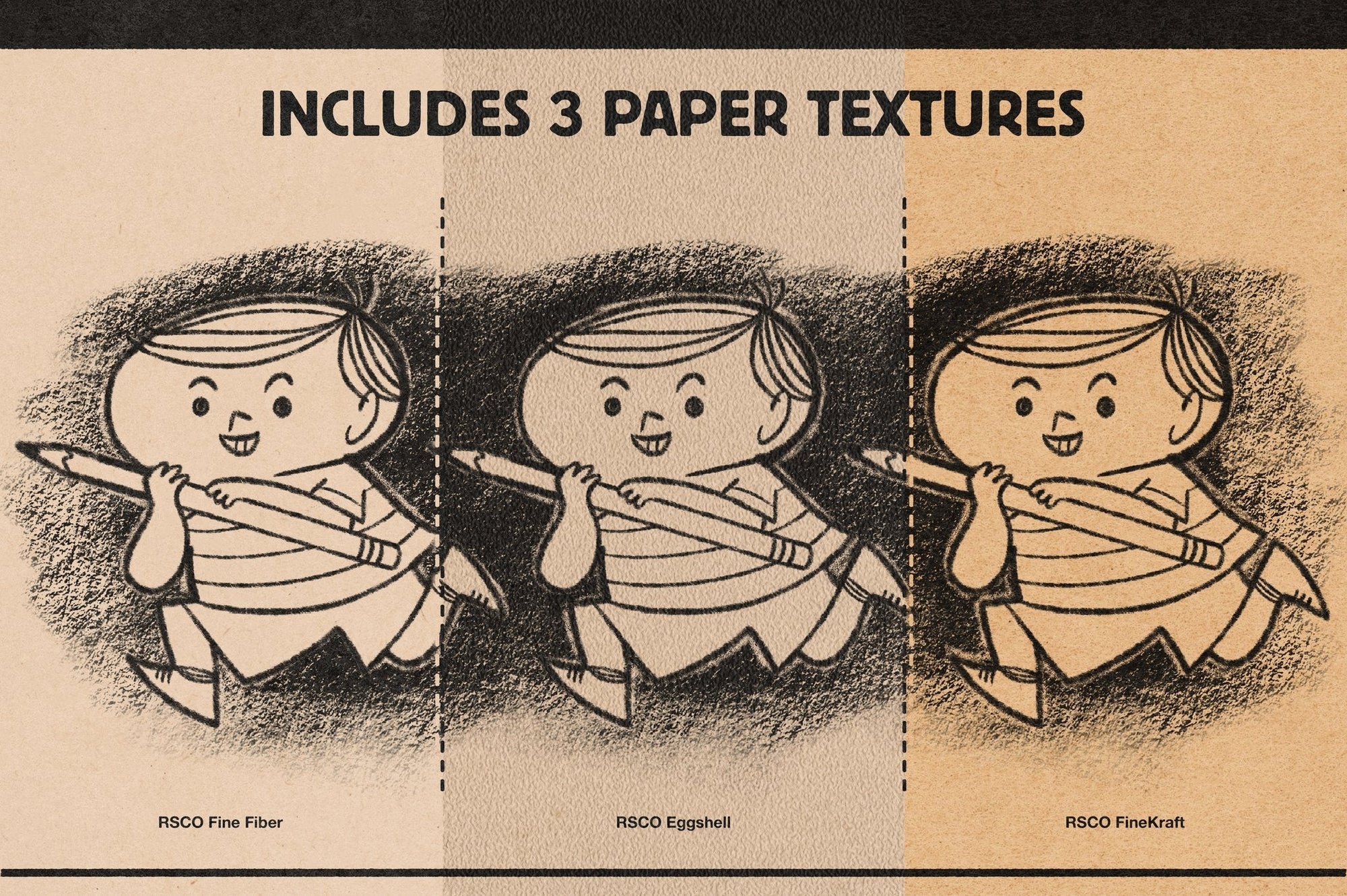 Pencil drawing shown on the 3 included Photoshop paper textures: Fine Fiber, Eggshell, and FineKraft