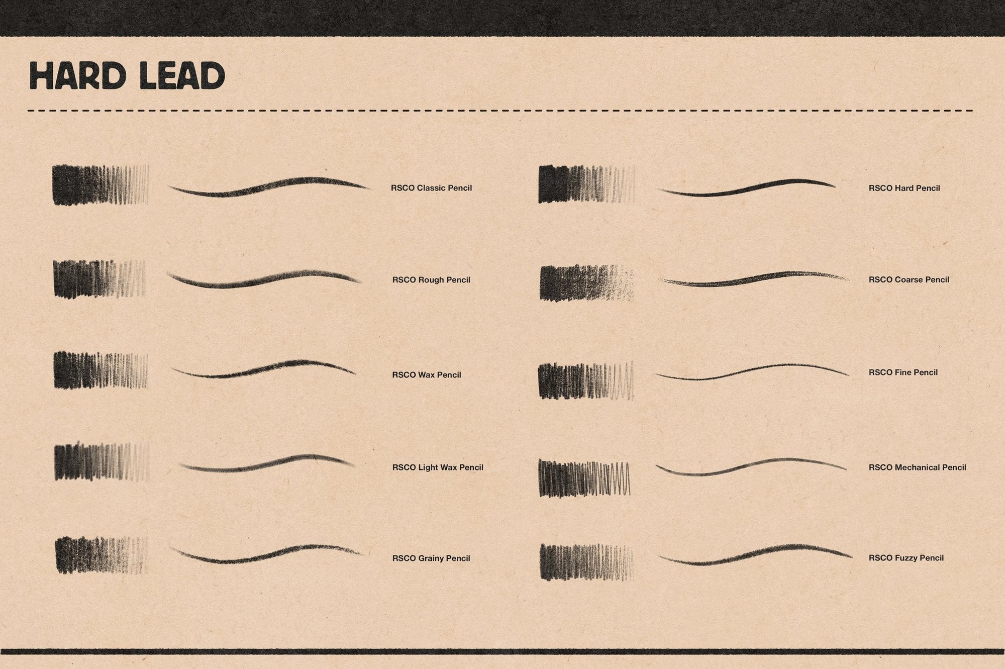 Stroke chart of the 10 hard lead Photoshop pencil brushes included in Studio Pencils