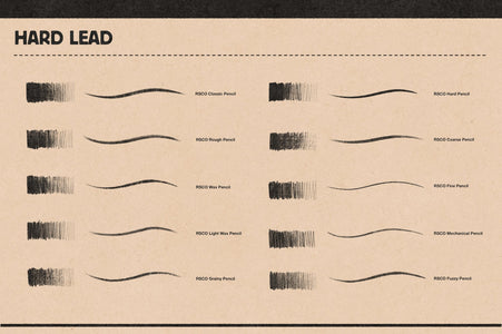 Stroke chart of the 10 hard lead Photoshop pencil brushes included in Studio Pencils