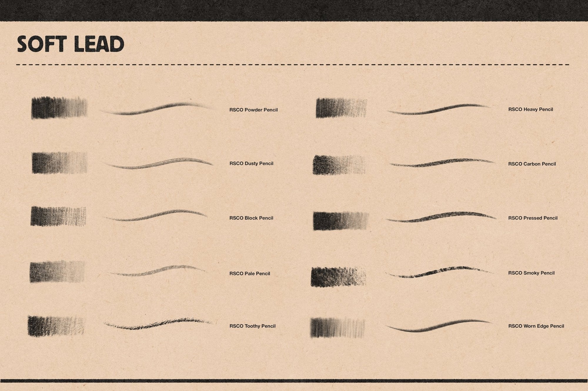 Stroke chart of the 10 soft lead Photoshop pencil brushes included in Studio Pencils