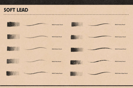 Stroke chart of the 10 soft lead Photoshop pencil brushes included in Studio Pencils