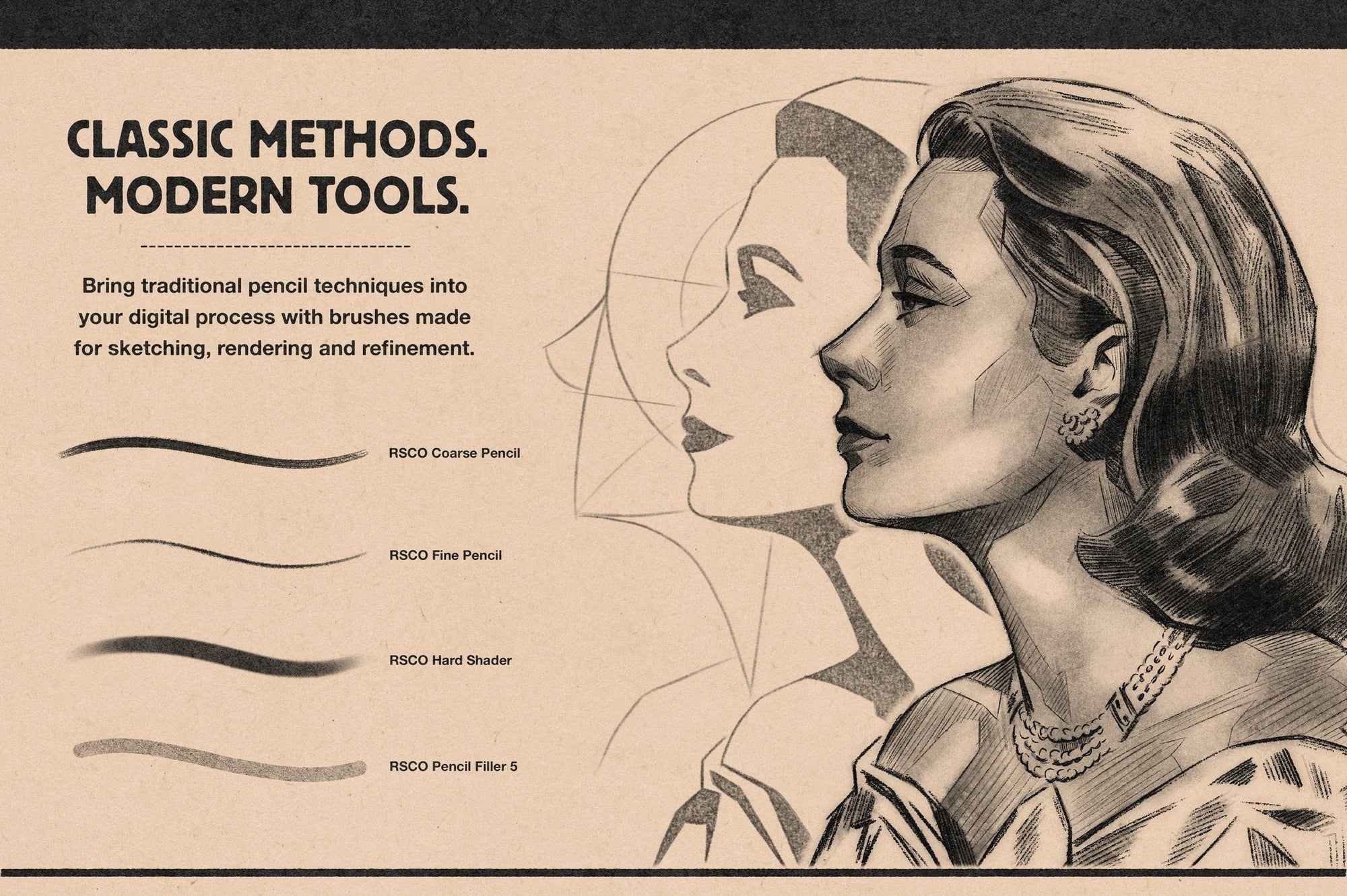 Vintage style portrait drawn with Photoshop sketching brushes from Studio Pencils, from light sketch to rendered pencil drawing