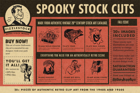 Spooky Stock Cuts vintage Halloween clip art by FizzleStock, showing a skeleton roller coaster, toad, clown, harvest scene, grinning devil with cash and an alien fisherman