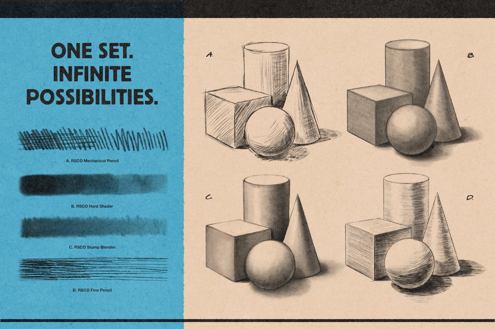 One set of Affinity pencil brushes with infinite possibilities, shown with mechanical pencil, hard shader, stump blender, and fine pencil strokes