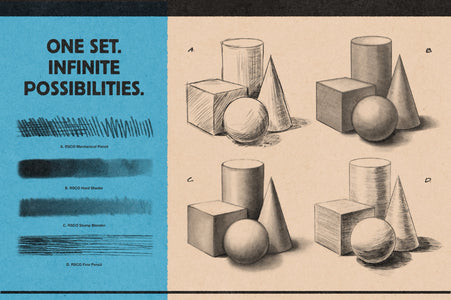 One set of Affinity pencil brushes with infinite possibilities, shown with mechanical pencil, hard shader, stump blender, and fine pencil strokes