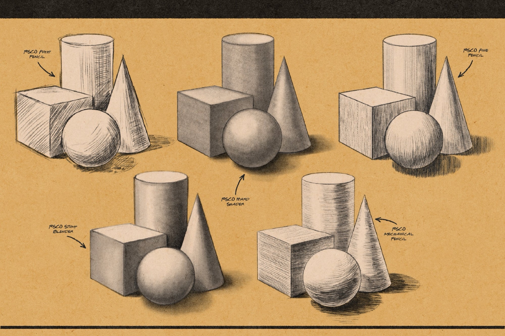 Shading studies of cubes, spheres, and cones rendered with Affinity pencil, shader, and blender brushes