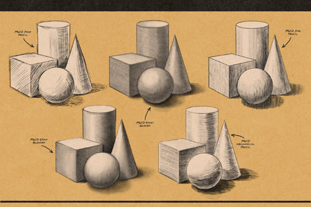 Shading studies of cubes, spheres, and cones rendered with Affinity pencil, shader, and blender brushes