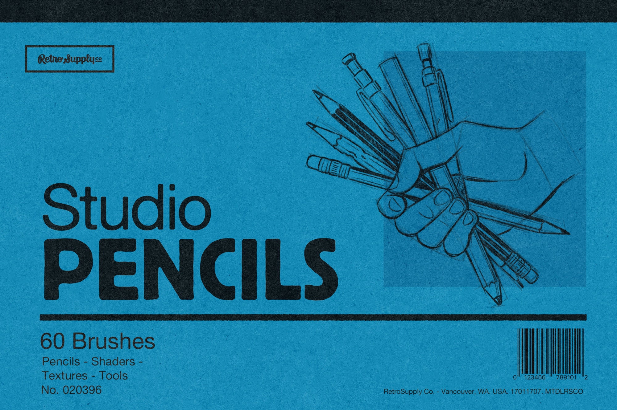 Studio Pencils for Photoshop cover art showing a complete set of 60 realistic pencil brushes