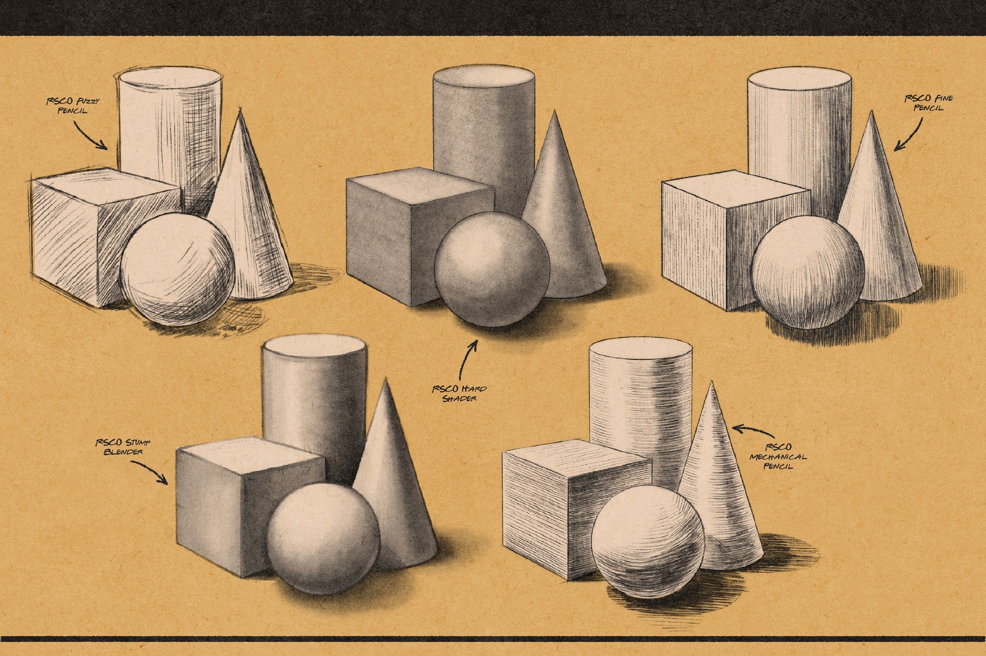 Studio Pencils for Photoshop brush set packaging art with graphite pencil illustration