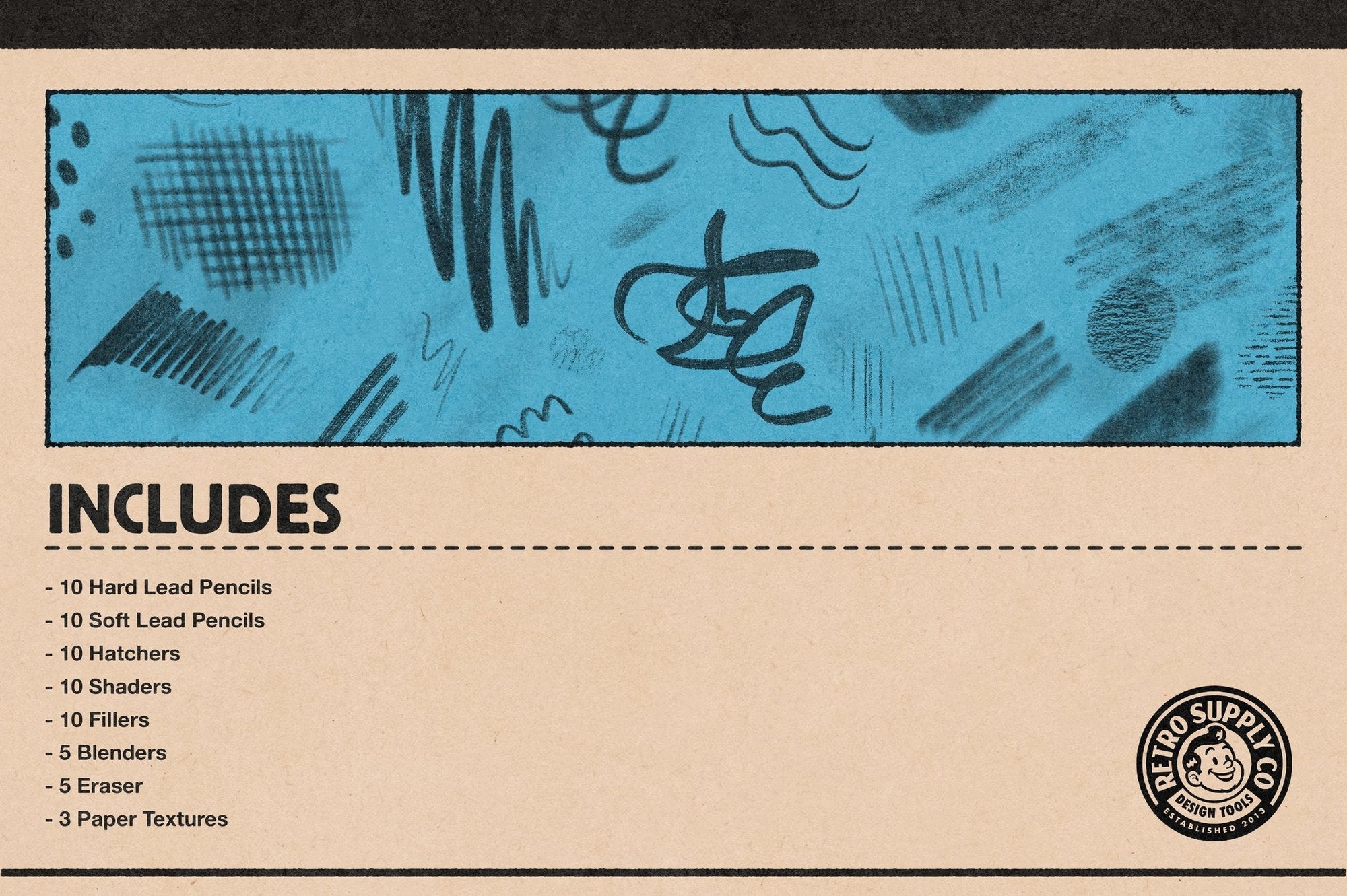 Studio Pencils for Photoshop includes 10 hard lead pencils, 10 soft lead pencils, 10 hatchers, 10 shaders, 10 fillers, 5 blenders, 5 erasers, and 3 paper textures