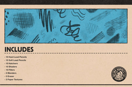 Studio Pencils for Photoshop includes 10 hard lead pencils, 10 soft lead pencils, 10 hatchers, 10 shaders, 10 fillers, 5 blenders, 5 erasers, and 3 paper textures
