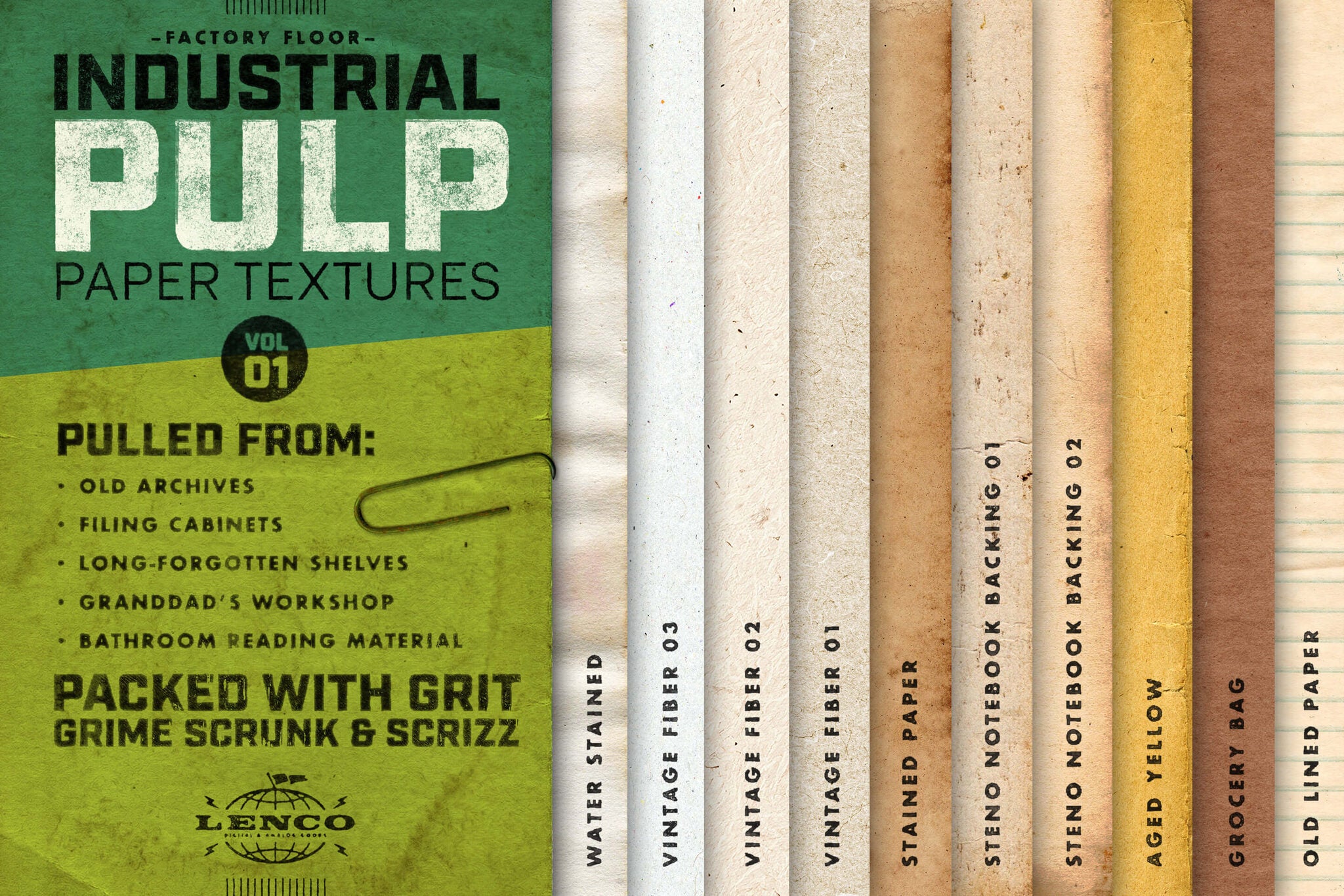 Vintage paper texture samples including Water Stained, Vintage Fiber, Steno Notebook, Aged Yellow, Grocery Bag, and Old Lined Paper