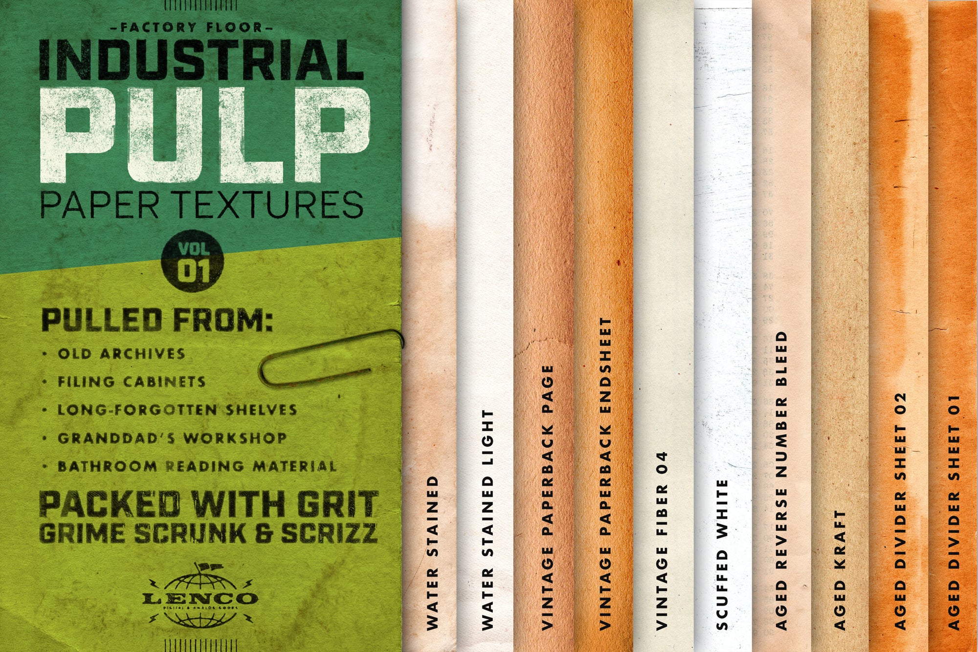 Mid-century paper texture samples including Vintage Paperback, Scuffed White, Aged Kraft, and Aged Divider Sheet