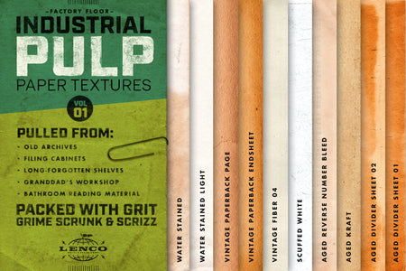 Mid-century paper texture samples including Vintage Paperback, Scuffed White, Aged Kraft, and Aged Divider Sheet